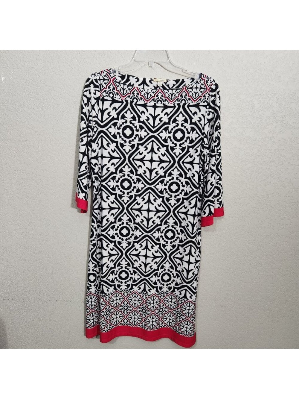Haani Black & White Geometric Print Dress With Red Trim XL 3/4 Sleeve Knee Lengt